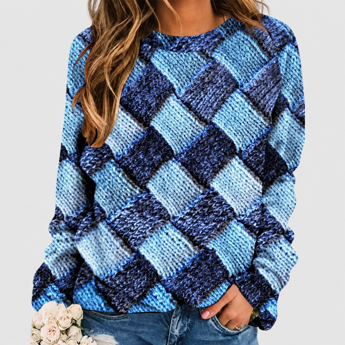 Women's Geometric Patchwork Jumper in Relaxed Fit in Blue — view 1