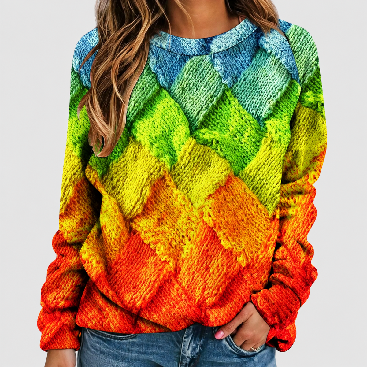 Women's Geometric Patchwork Jumper in Relaxed Fit in Green — view 2