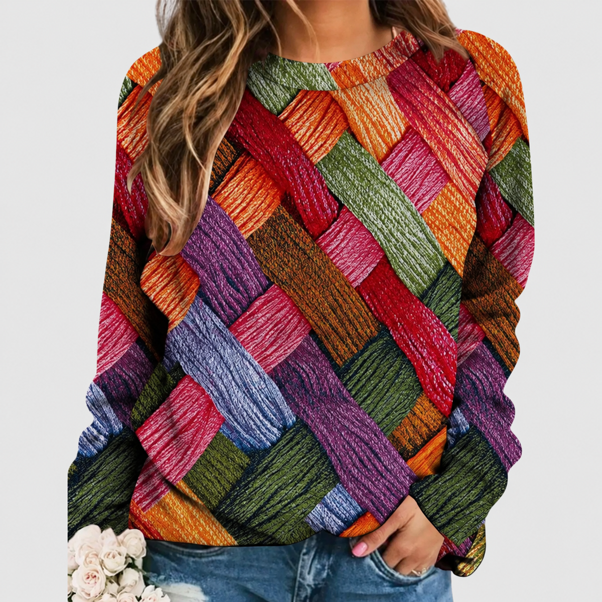 Women's Geometric Patchwork Jumper in Relaxed Fit in Orange — view 3