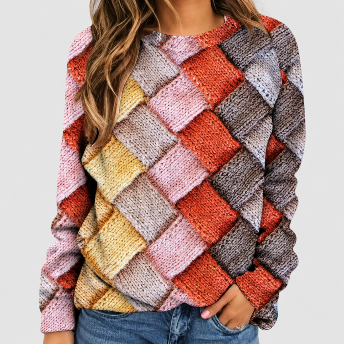 Women's Geometric Patchwork Jumper in Relaxed Fit in Pink — view 4