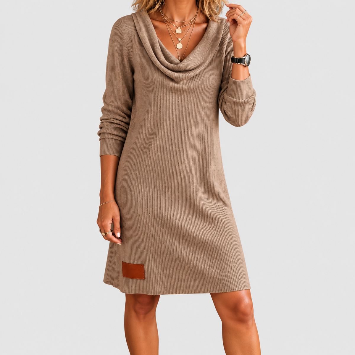 Women's Relaxed Cowl-Neck Long-Sleeve Knit Jumper Dress in Khaki — view 3