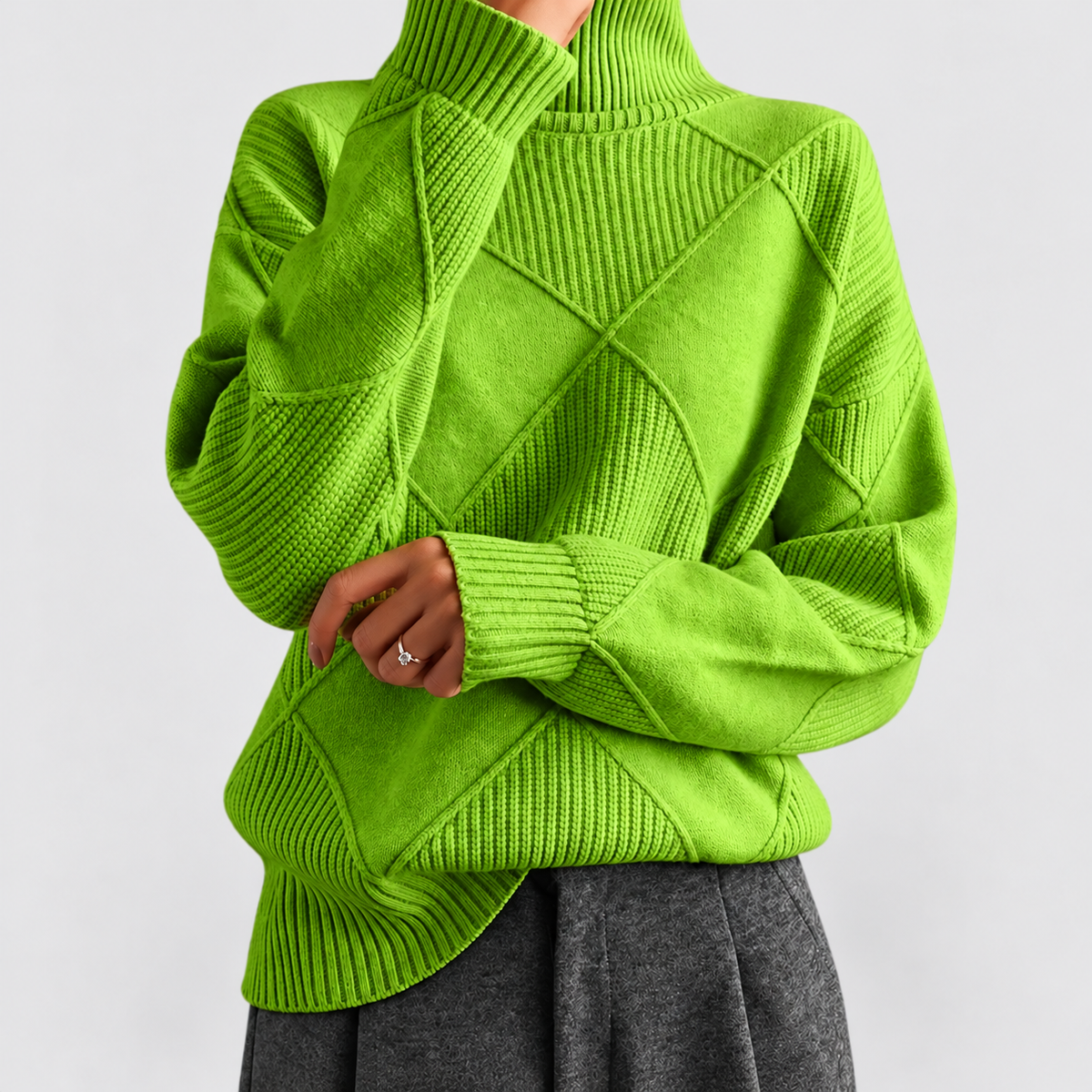 Women's Argyle Knit Turtleneck Relaxed-Fit Jumper in Green — view 1