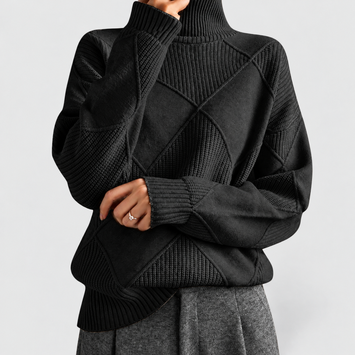 Women's Argyle Knit Turtleneck Relaxed-Fit Jumper in Black — view 7