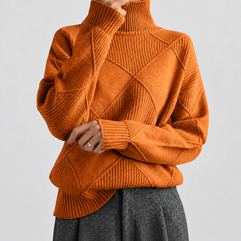 Women's Argyle Knit Turtleneck Relaxed-Fit Jumper in Orange — view 9