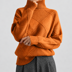 Women's Argyle Knit Turtleneck Relaxed-Fit Jumper in Orange — view 9