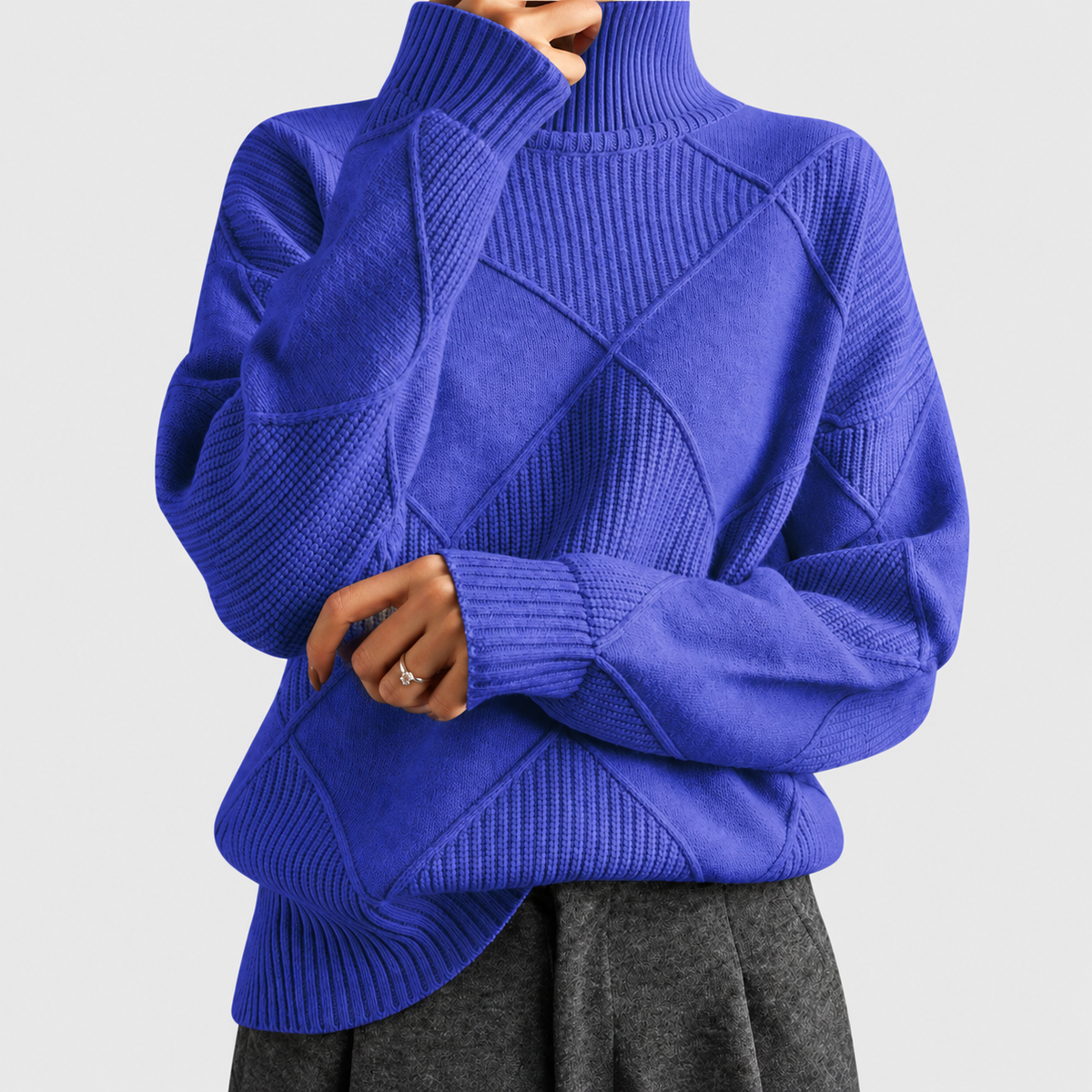Women's Argyle Knit Turtleneck Relaxed-Fit Jumper in Blue — view 10