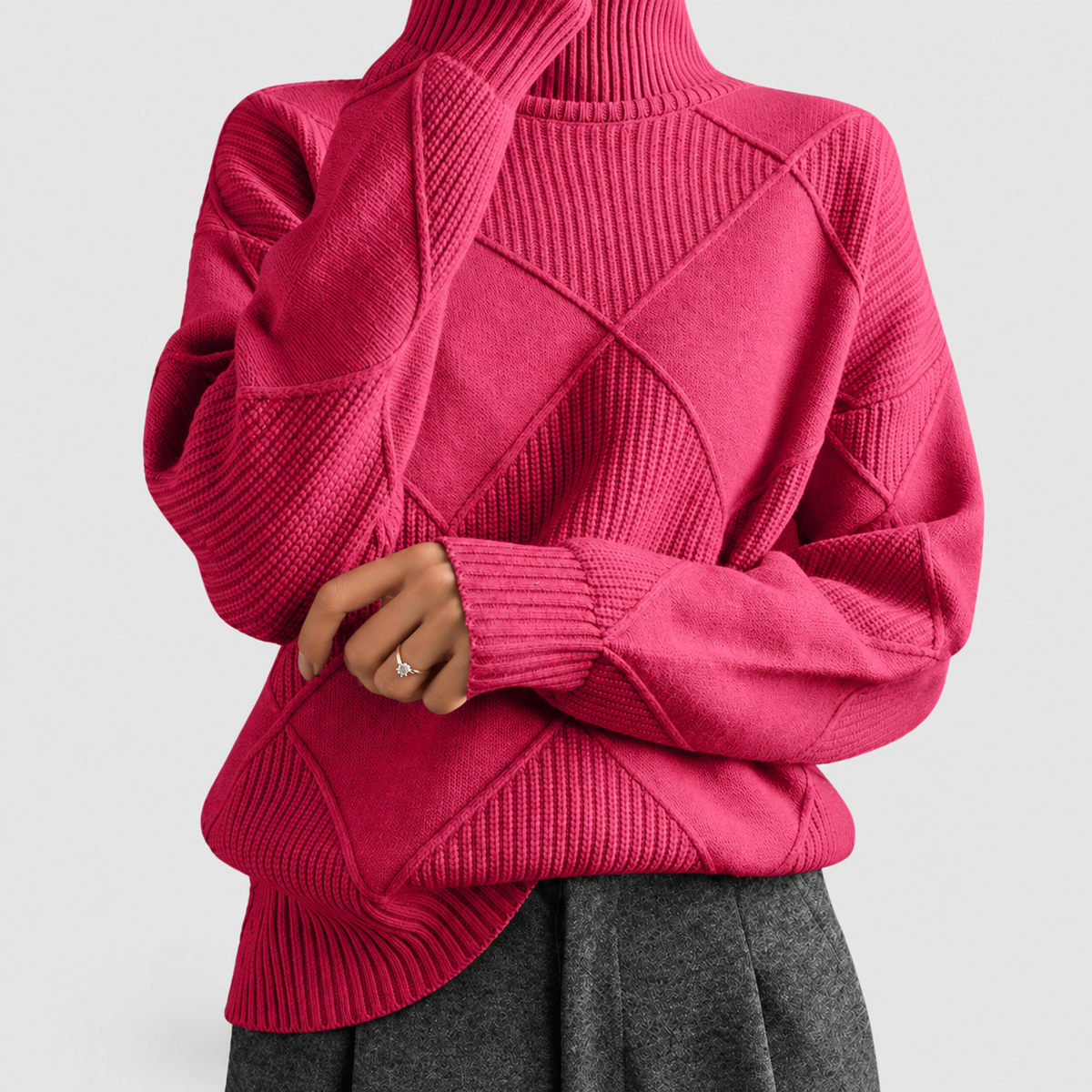 Women's Argyle Knit Turtleneck Relaxed-Fit Jumper in Pink — view 11