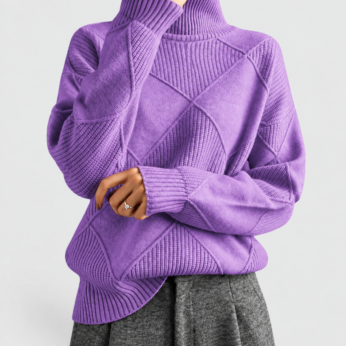 Women's Argyle Knit Turtleneck Relaxed-Fit Jumper in Light Lilac — view 12