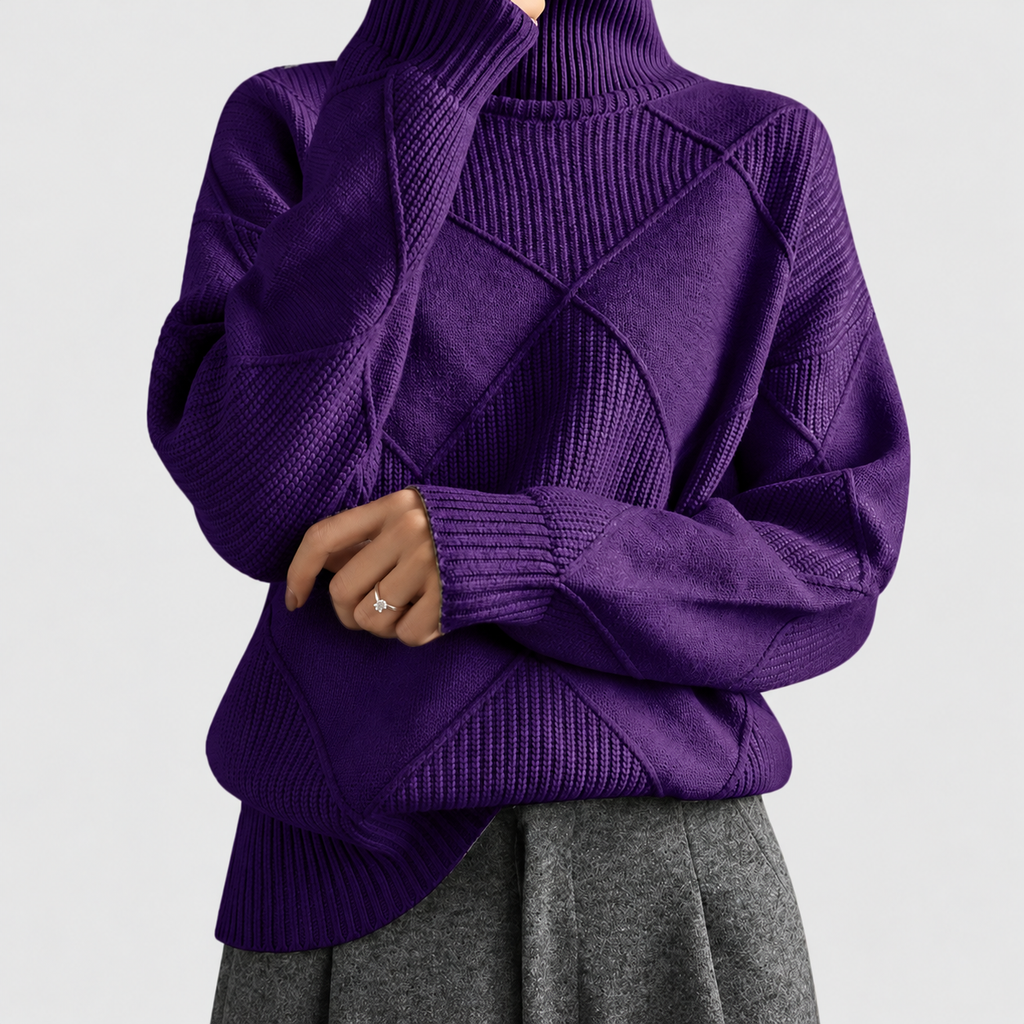 Women's Argyle Knit Turtleneck Relaxed-Fit Jumper in Dark Purple — view 13