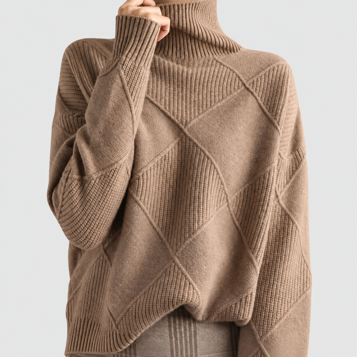 Women's Argyle Knit Turtleneck Relaxed-Fit Jumper in Brown — view 14