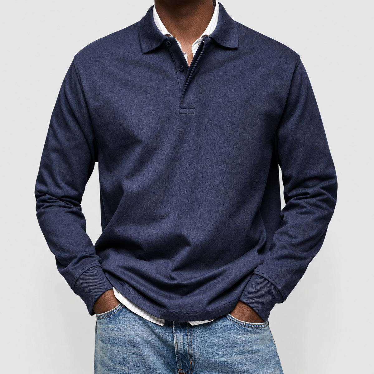 Men's Long-Sleeve Polo Shirt in Navy Blue — view 2