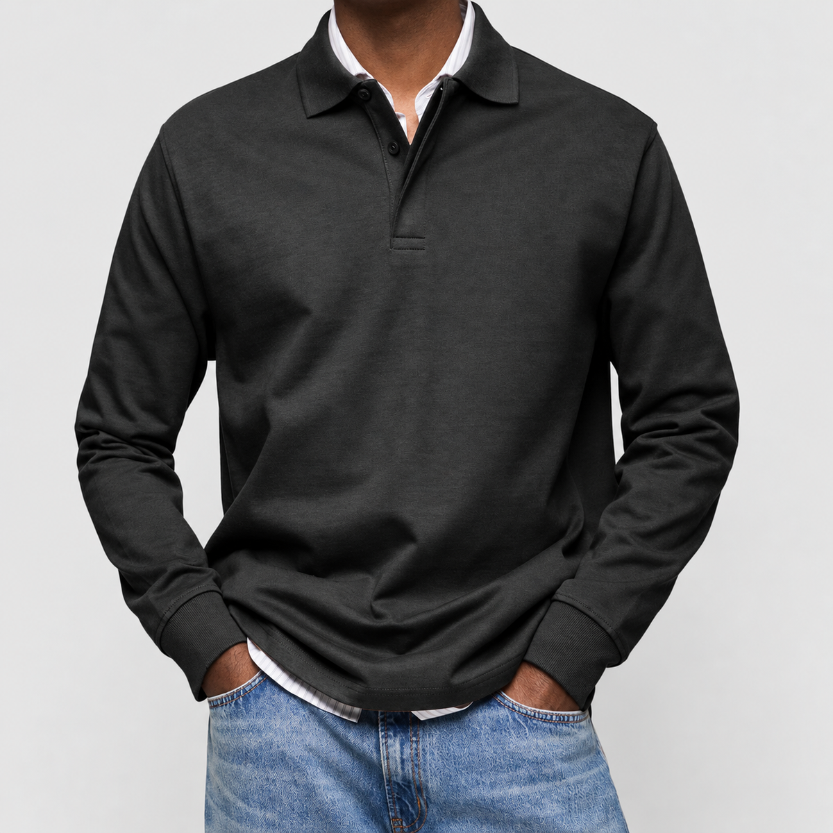 Men's Long-Sleeve Polo Shirt in Black — view 3