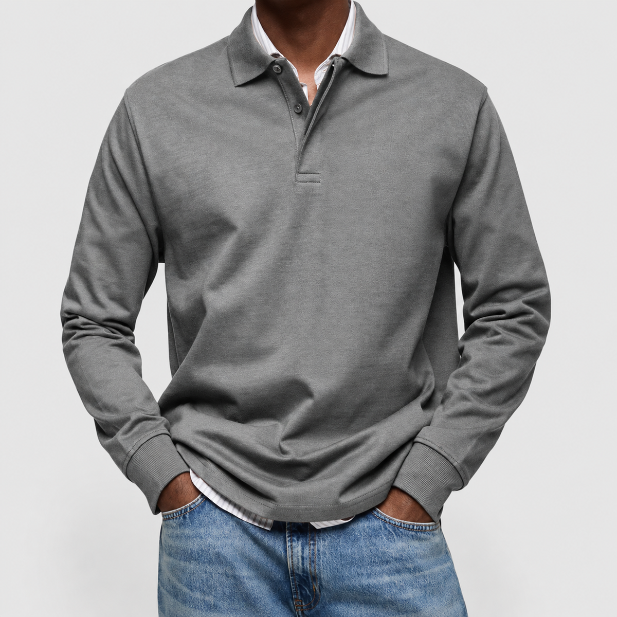 Men's Long-Sleeve Polo Shirt in Grey — view 5