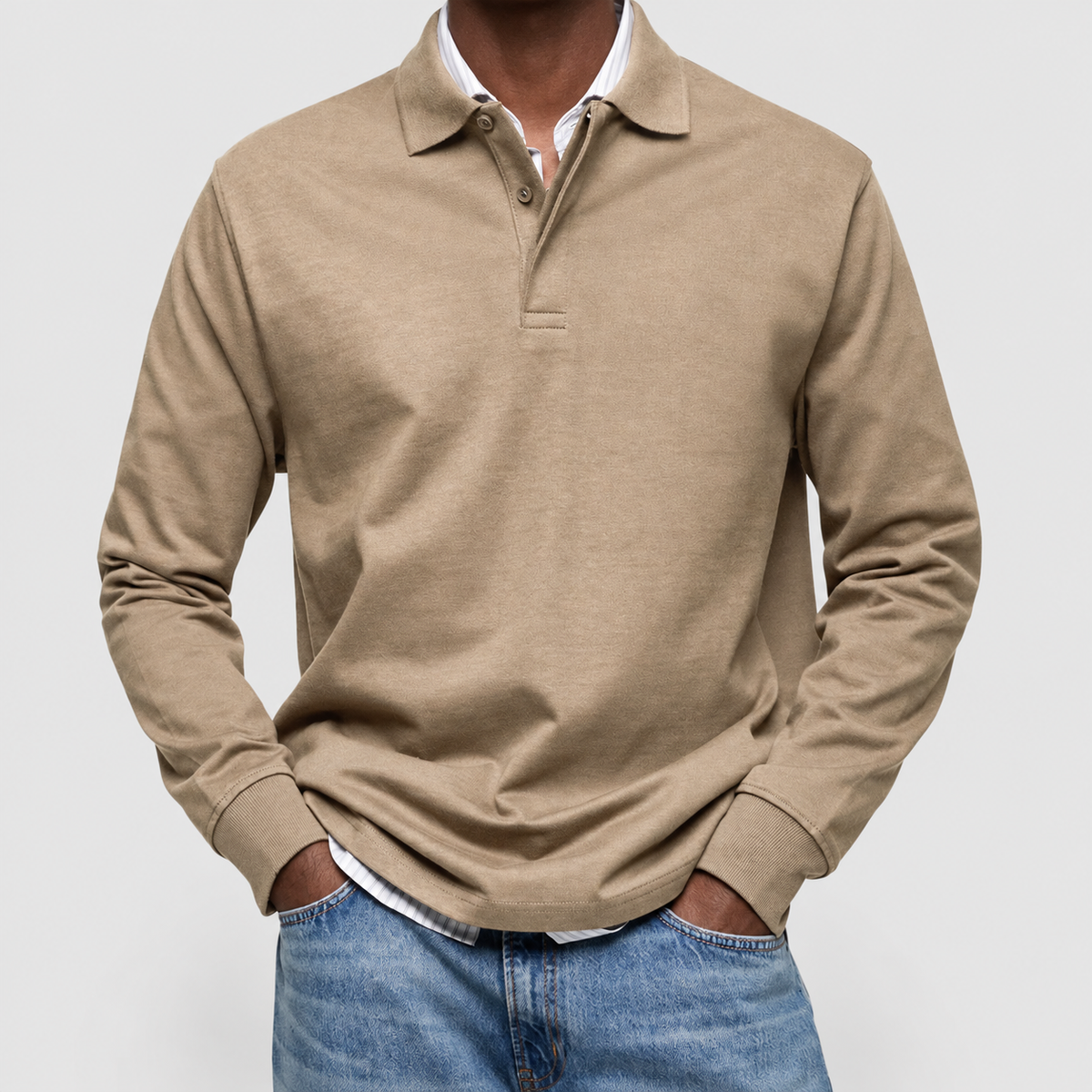 Men's Long-Sleeve Polo Shirt in Khaki — view 7