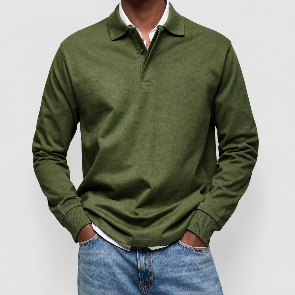 Men's Long-Sleeve Polo Shirt in Army Green — view 9