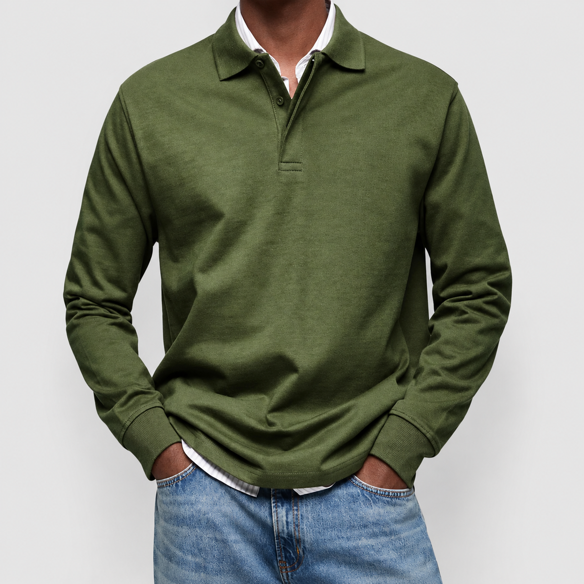 Men's Long-Sleeve Polo Shirt in Army Green — view 9