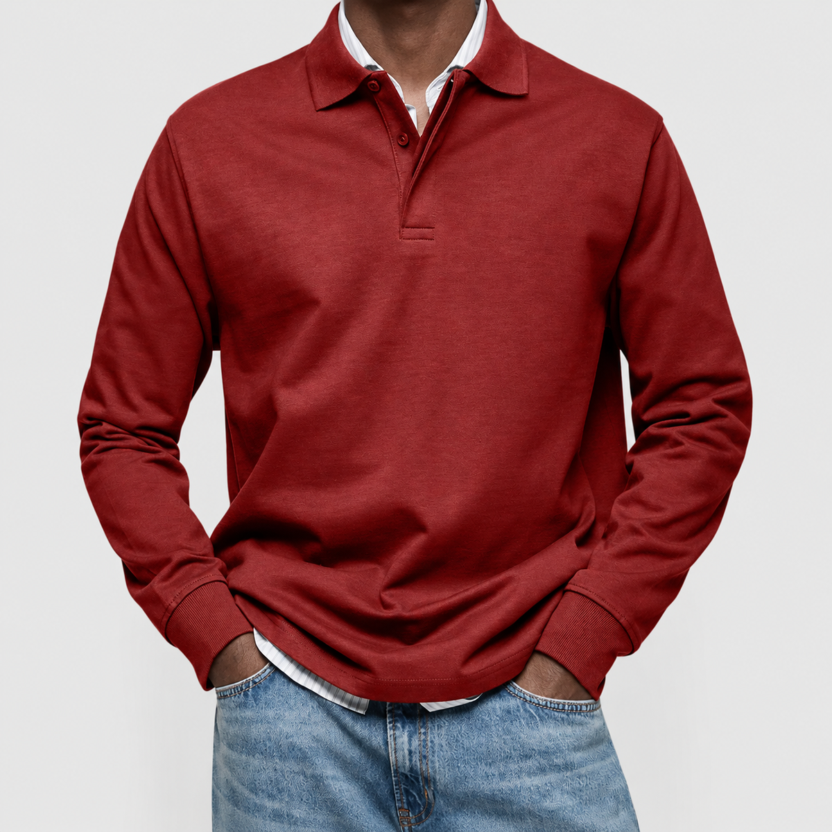 Men's Long-Sleeve Polo Shirt in Red — view 10