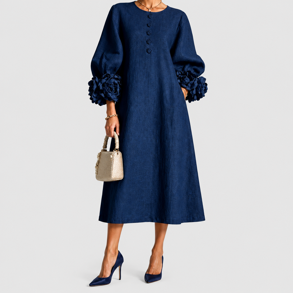 Women's Floral-Cuff Midi Dress with Flared Long Sleeves in Dark Blue — view 1