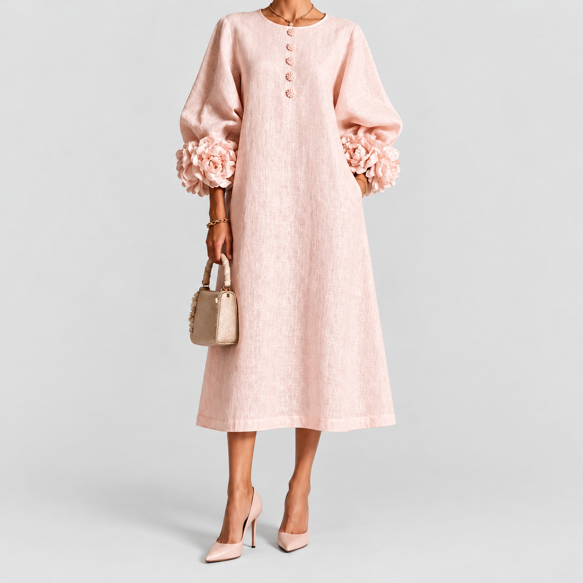 Women's Floral-Cuff Midi Dress with Flared Long Sleeves in Pink — view 2