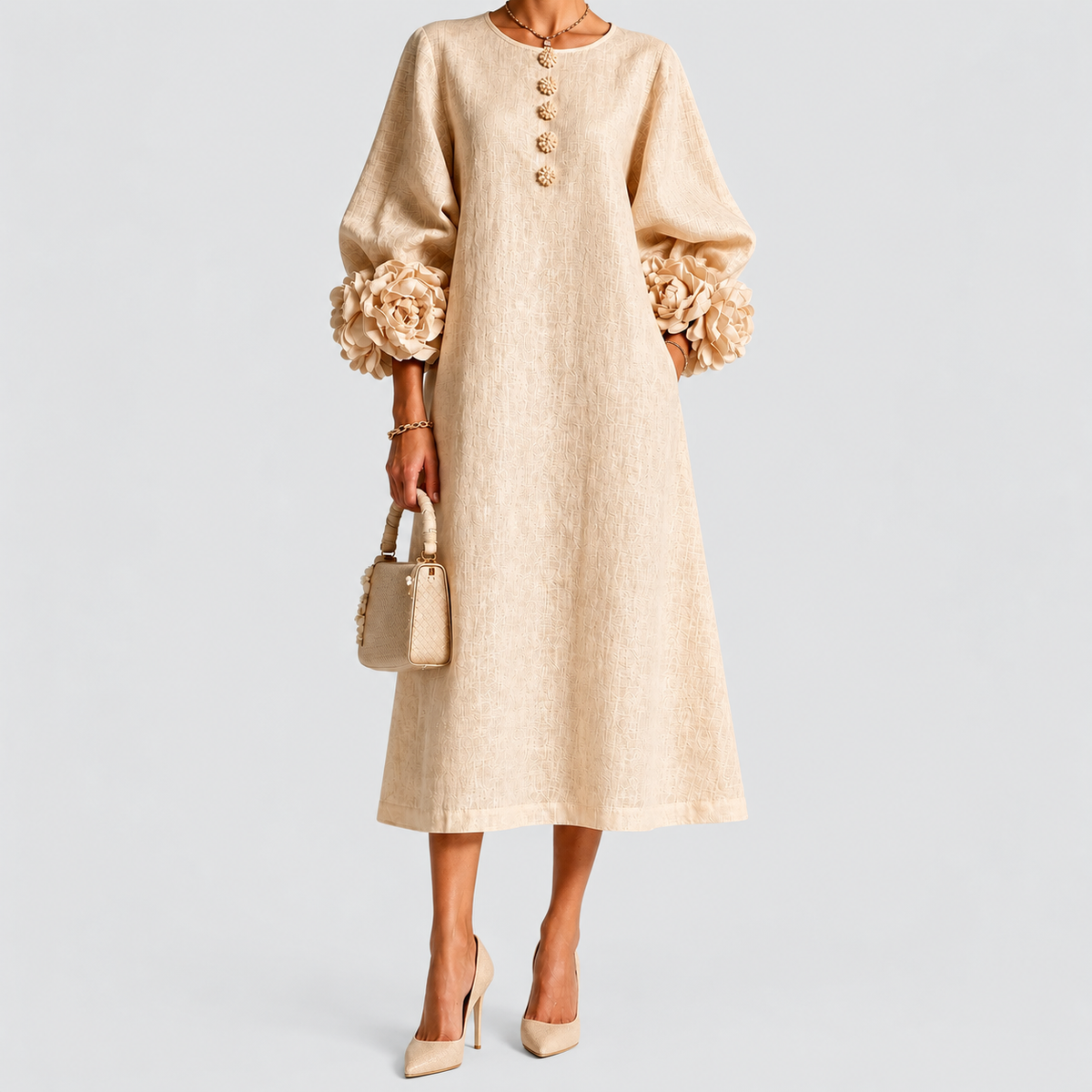 Women's Floral-Cuff Midi Dress with Flared Long Sleeves in Beige — view 3