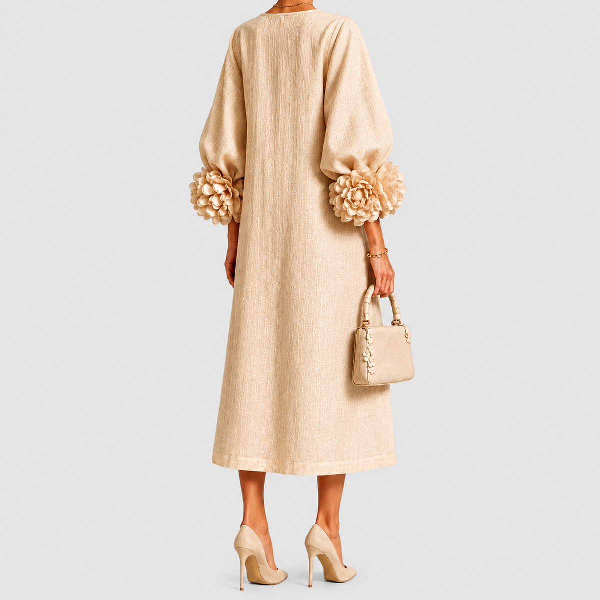 Women's Floral-Cuff Midi Dress with Flared Long Sleeves — view 4