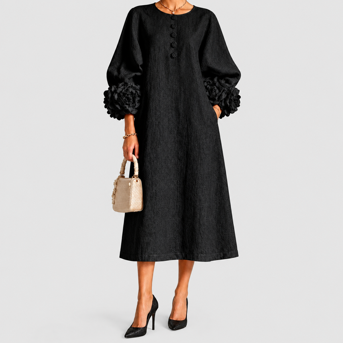 Women's Floral-Cuff Midi Dress with Flared Long Sleeves in Black — view 5