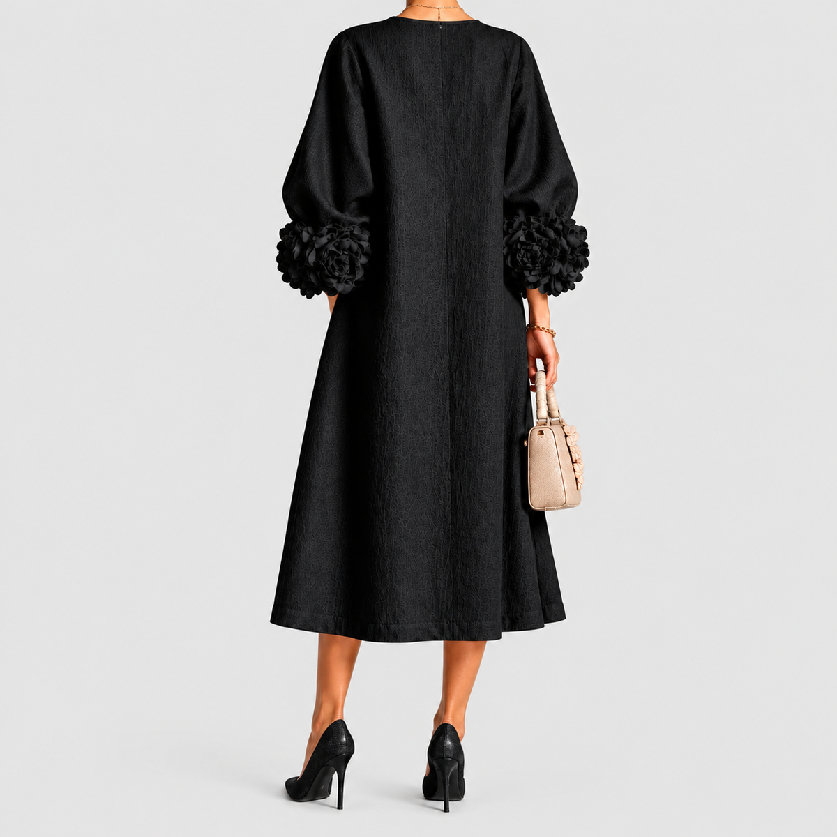 Women's Floral-Cuff Midi Dress with Flared Long Sleeves — view 6