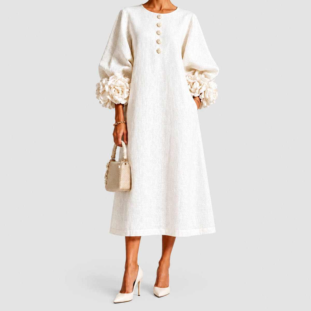Women's Floral-Cuff Midi Dress with Flared Long Sleeves in White — view 7