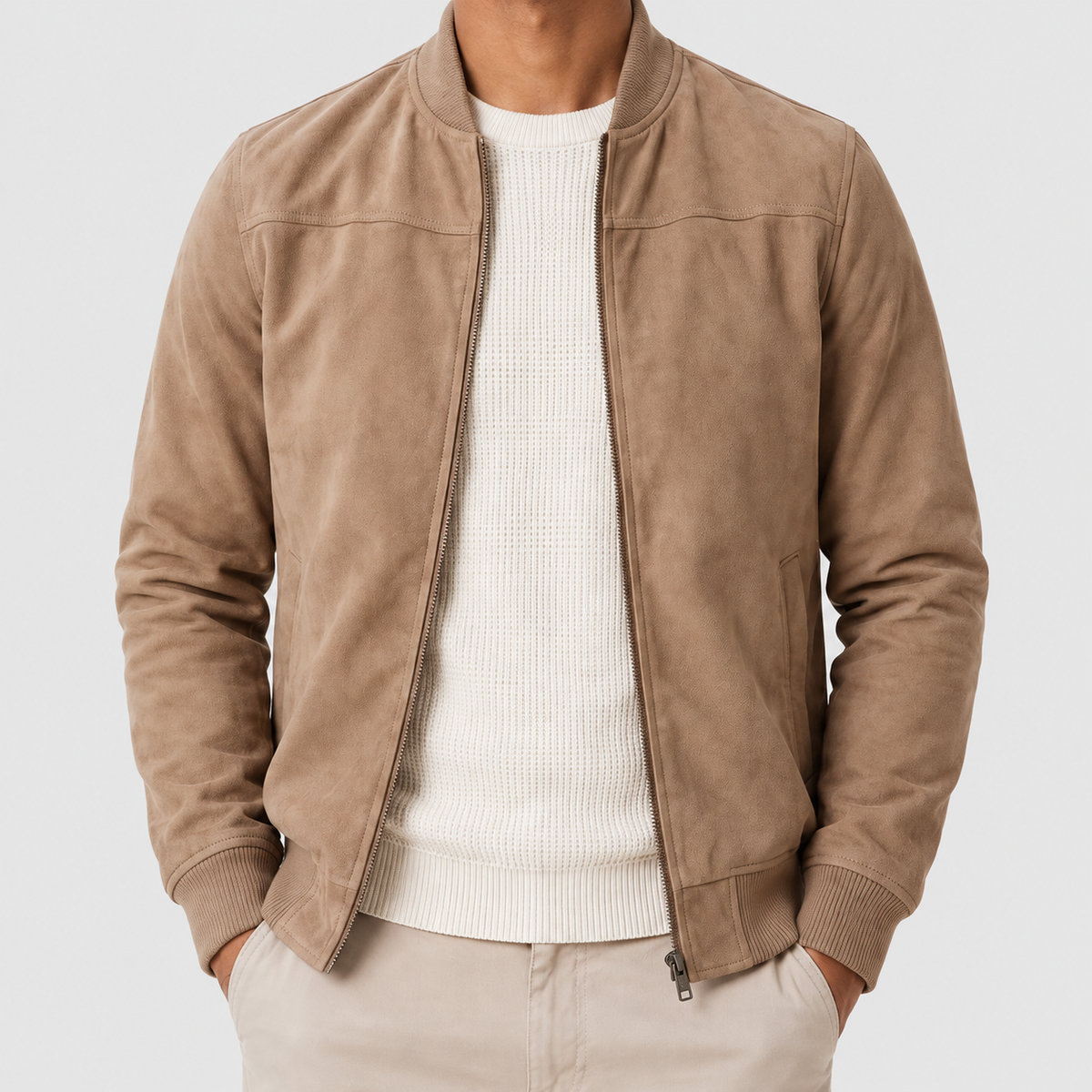 Men's Suede-Look Zip-Up Bomber Jacket in Brown — view 1