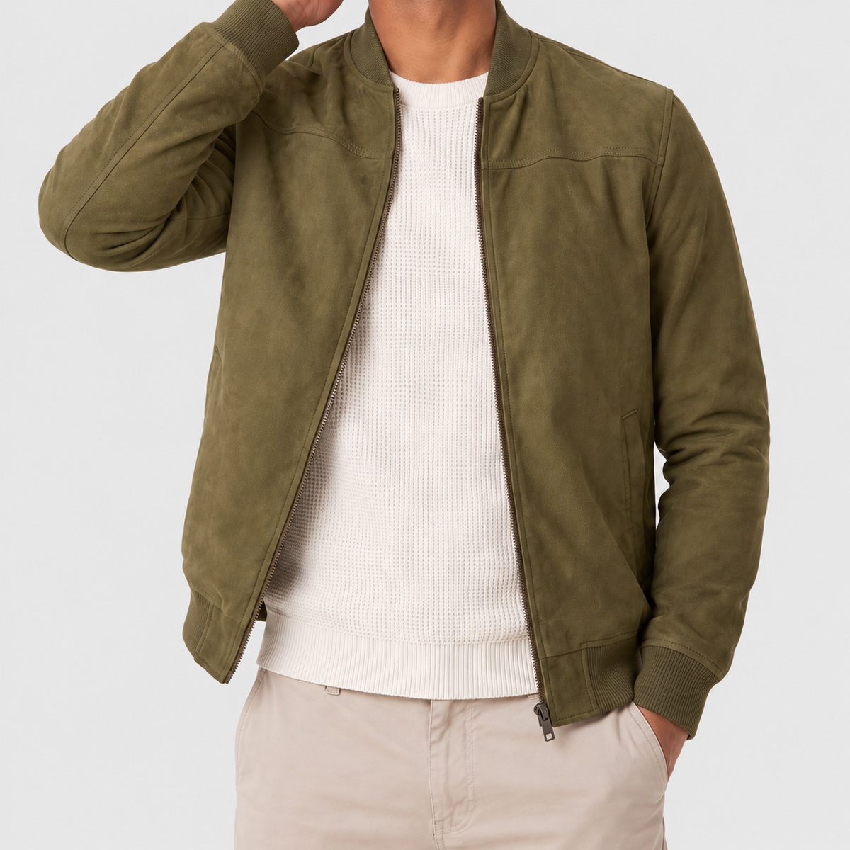 Men's Suede-Look Zip-Up Bomber Jacket in Green — view 8