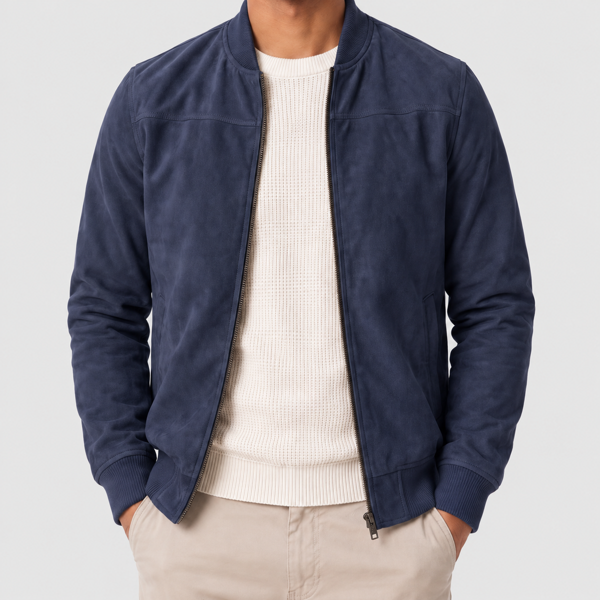 Men's Suede-Look Zip-Up Bomber Jacket in Navy — view 9