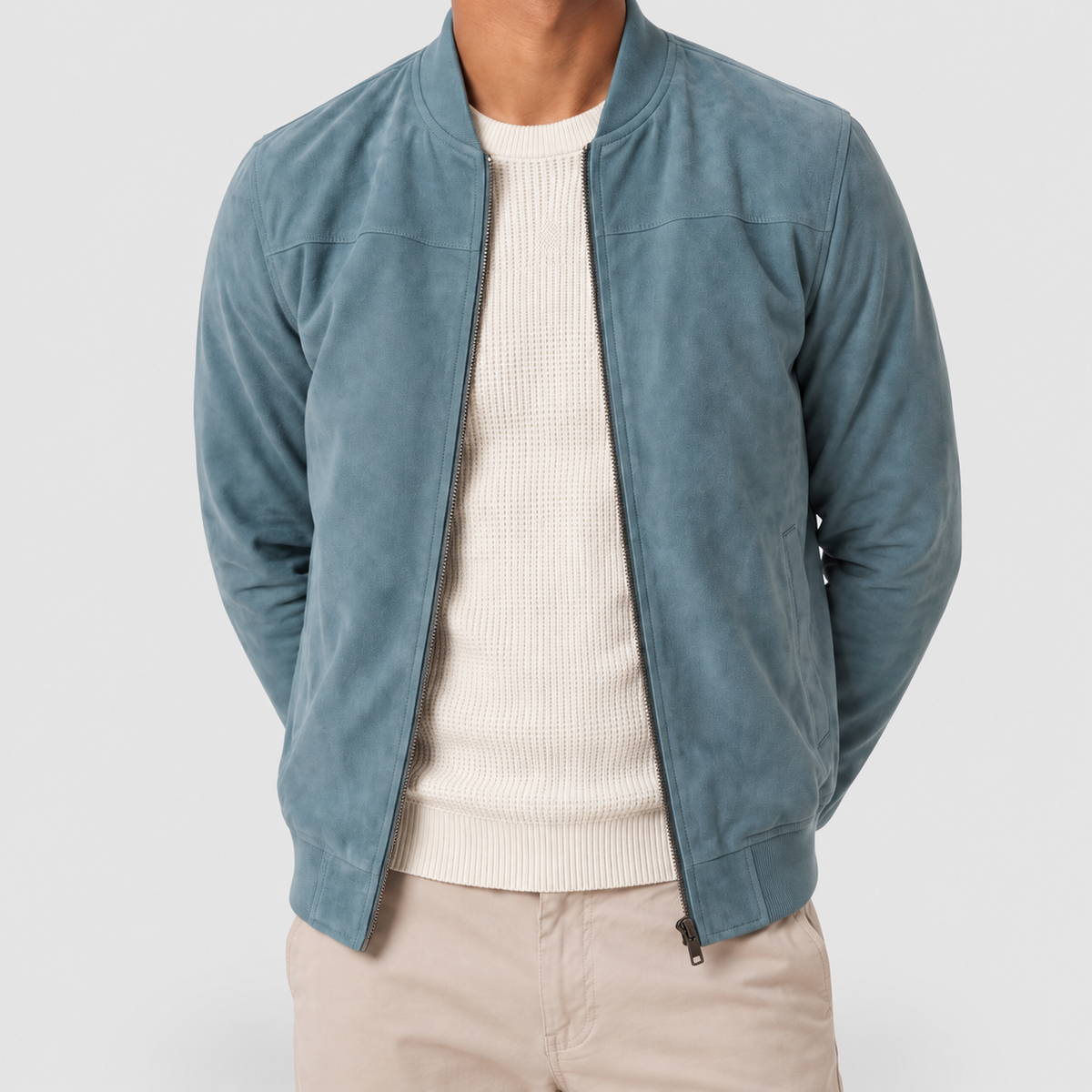 Men's Suede-Look Zip-Up Bomber Jacket in Blue — view 10