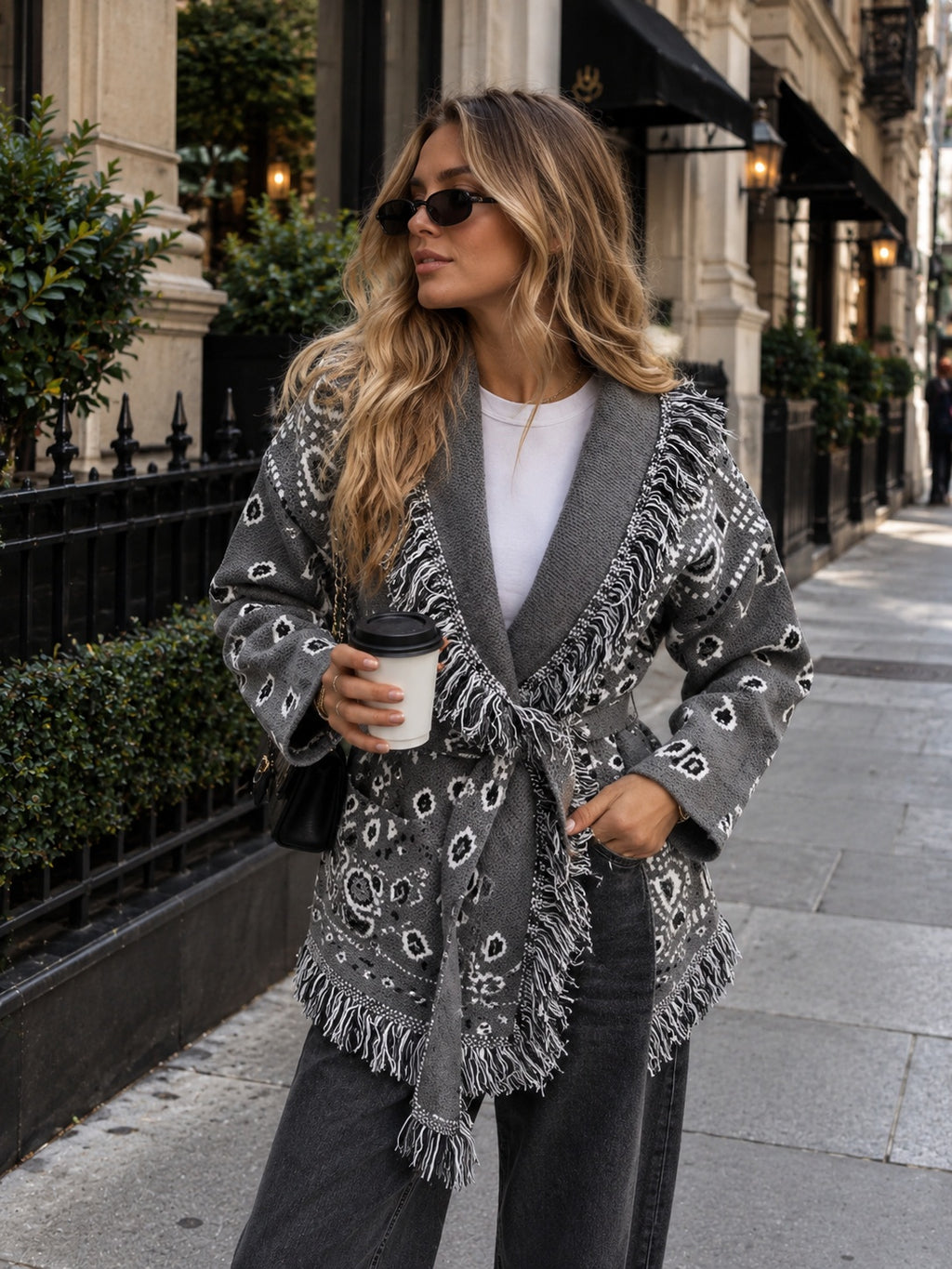 Rhian | Women's Jacquard Cardigan with Tassel Fringe