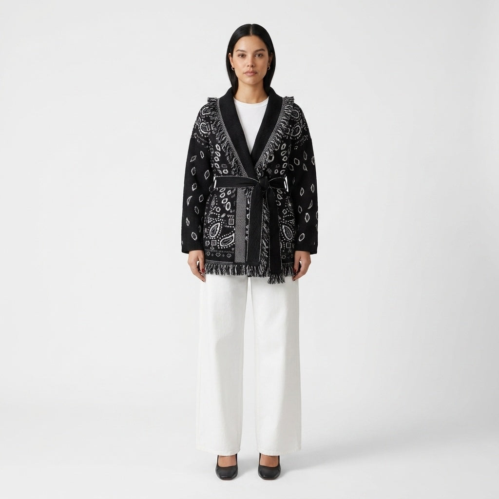 Rhian | Women's Jacquard Cardigan with Tassel Fringe