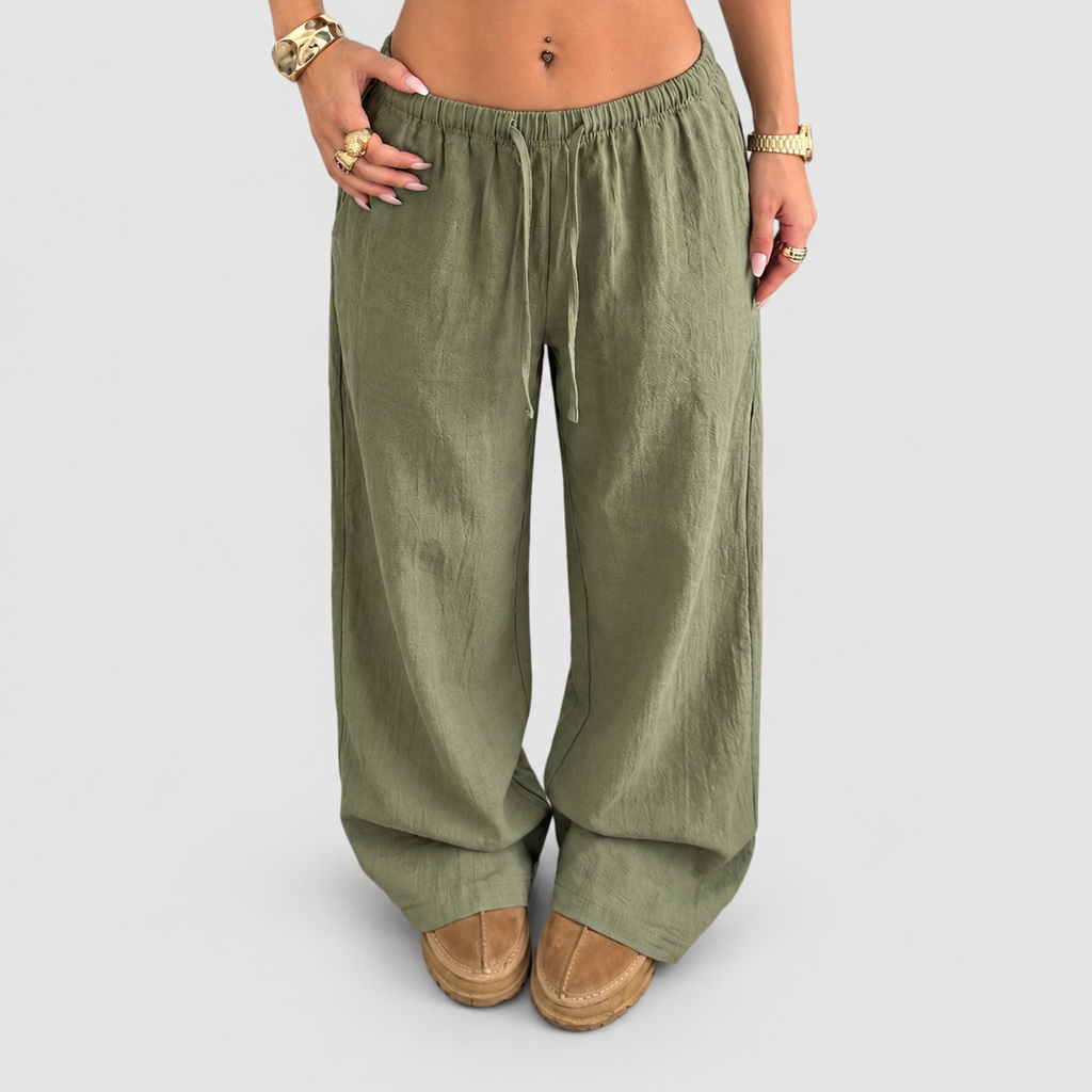 Women's Relaxed Wide Leg Trousers with Elastic Waist in Green — view 3