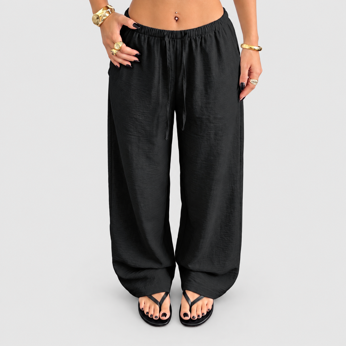 Women's Relaxed Wide Leg Trousers with Elastic Waist in Black — view 4