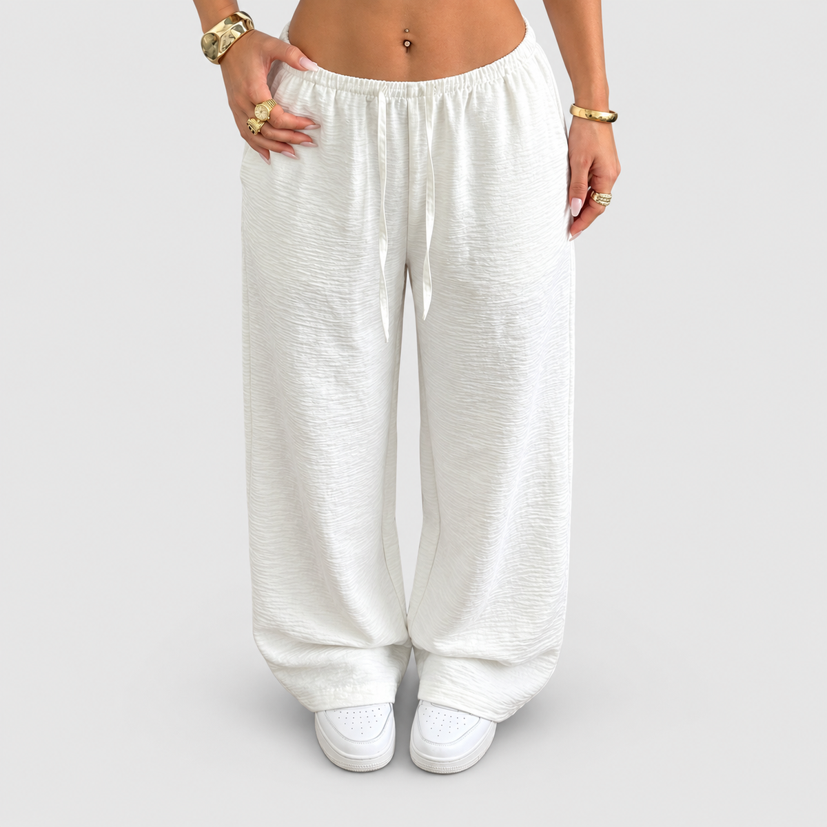 Women's Relaxed Wide Leg Trousers with Elastic Waist in White — view 6