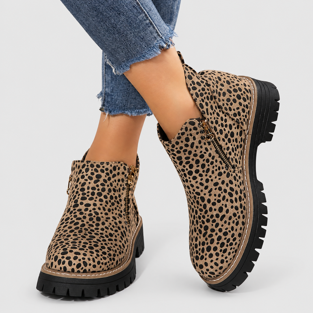 Women's Side-Zip Ankle Boots with Chunky Sole in Leopard Print — view 1