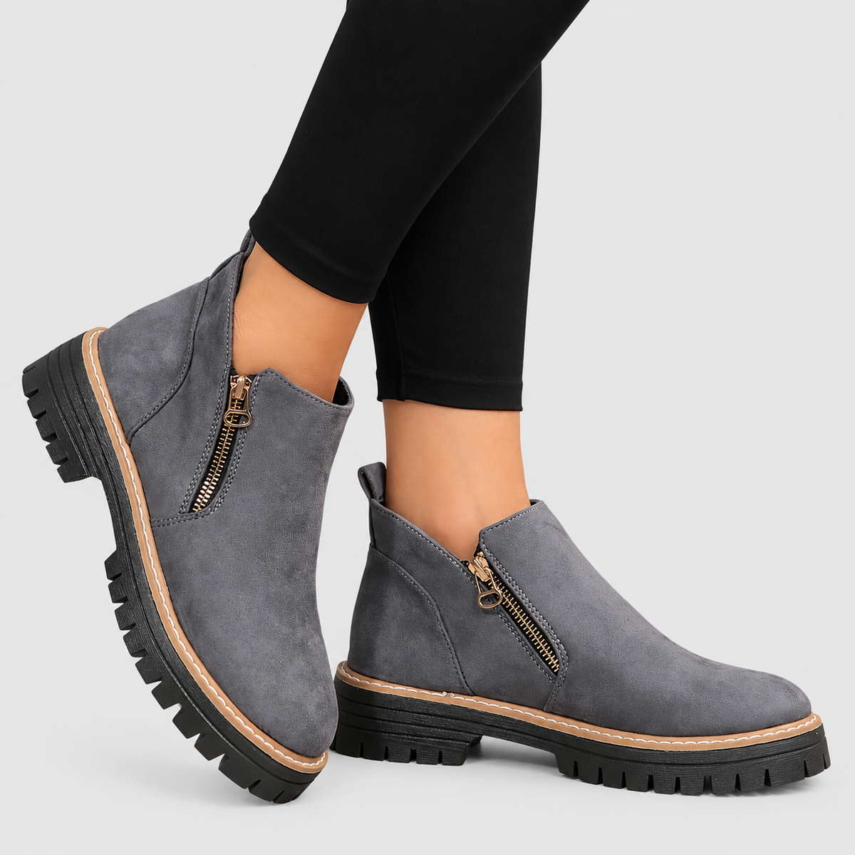 Women's Side-Zip Ankle Boots with Chunky Sole in Grey — view 6