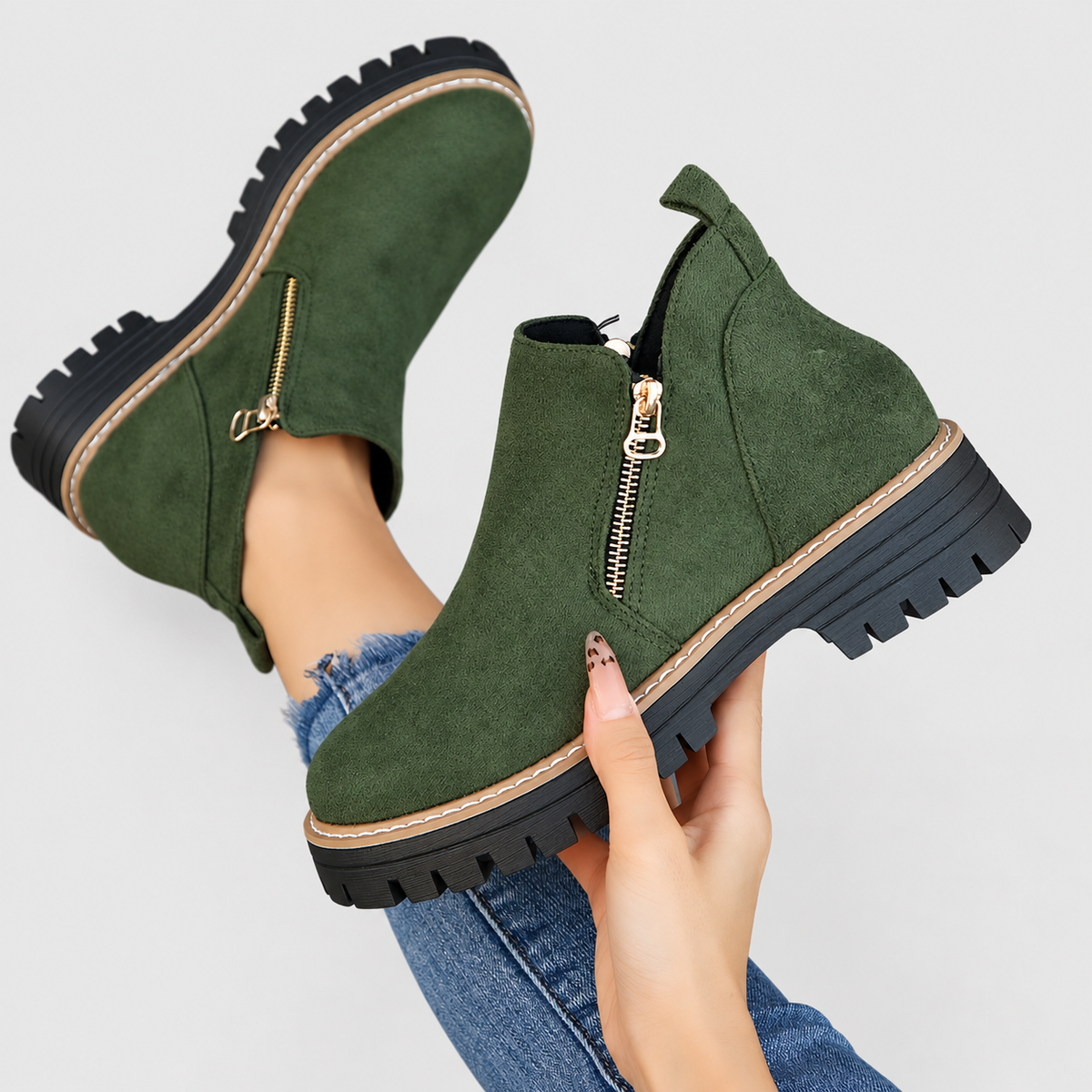 Women's Side-Zip Ankle Boots with Chunky Sole in Green — view 9