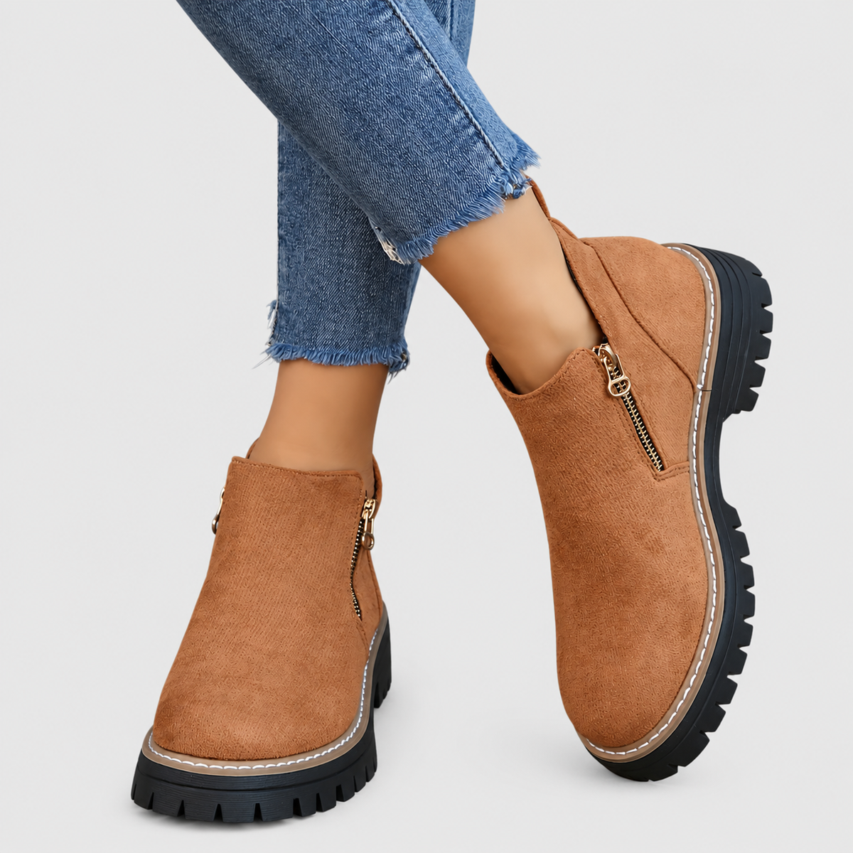 Women's Side-Zip Ankle Boots with Chunky Sole in Brown — view 10