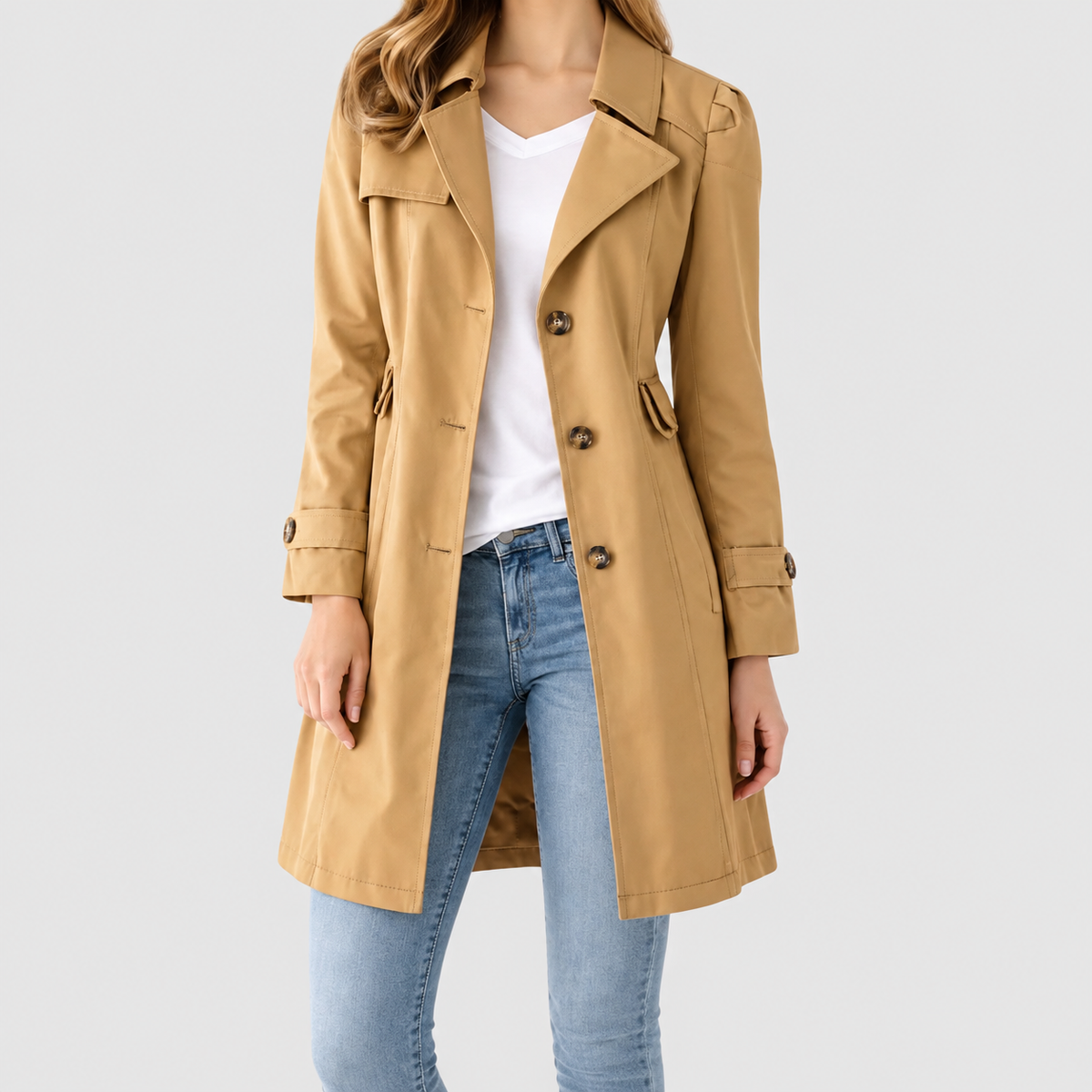 Women's Button-Front Trench Coat with Lapel Collar in Khaki — view 4