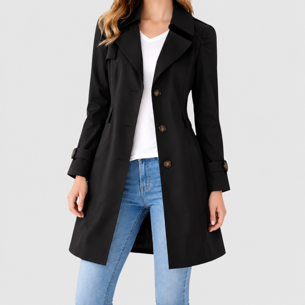 Women's Button-Front Trench Coat with Lapel Collar in Shiny Black — view 5