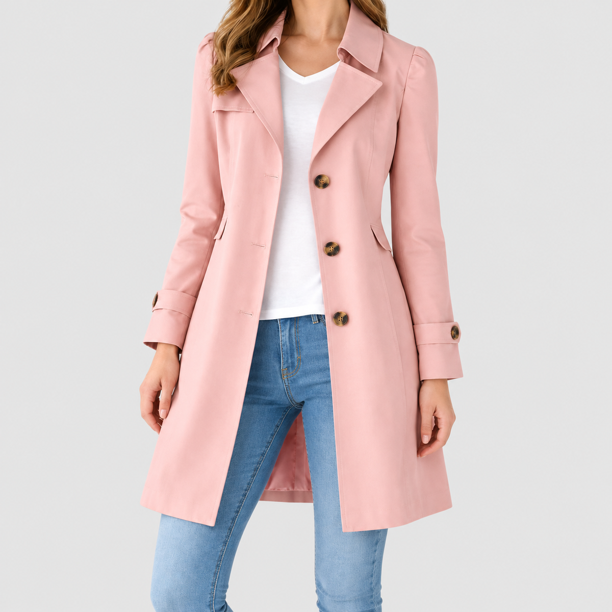 Women's Button-Front Trench Coat with Lapel Collar in Pink — view 6