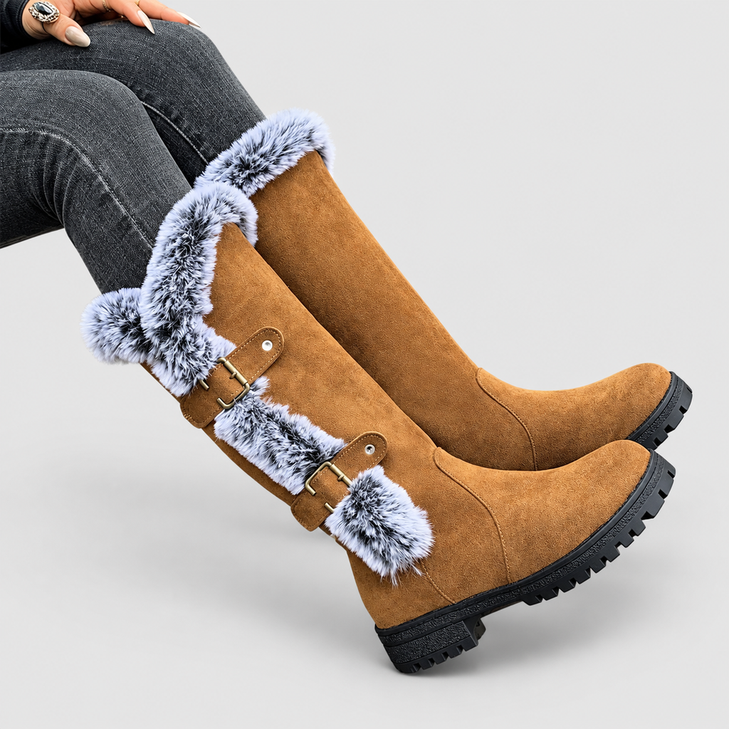 Women's Faux Suede Plush-Lined Buckle Knee-High Boots — view 1