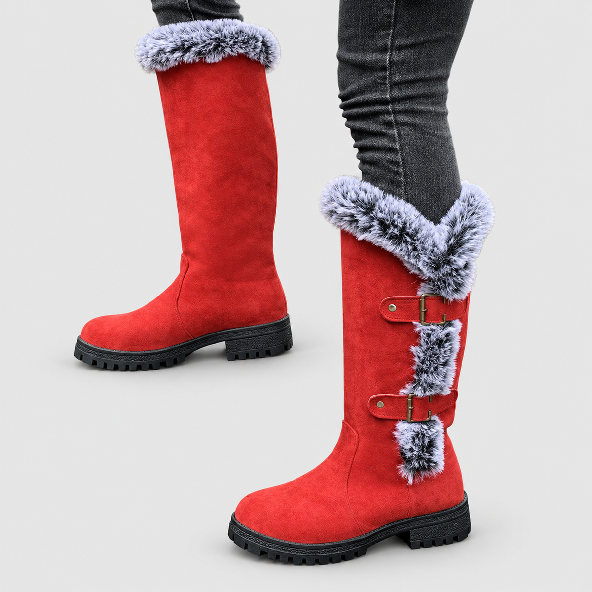 Women's Faux Suede Plush-Lined Buckle Knee-High Boots — view 2