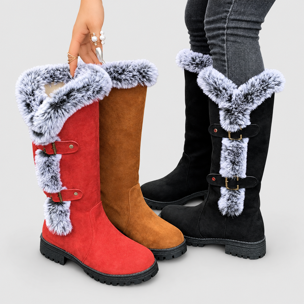 Women's Faux Suede Plush-Lined Buckle Knee-High Boots — view 3