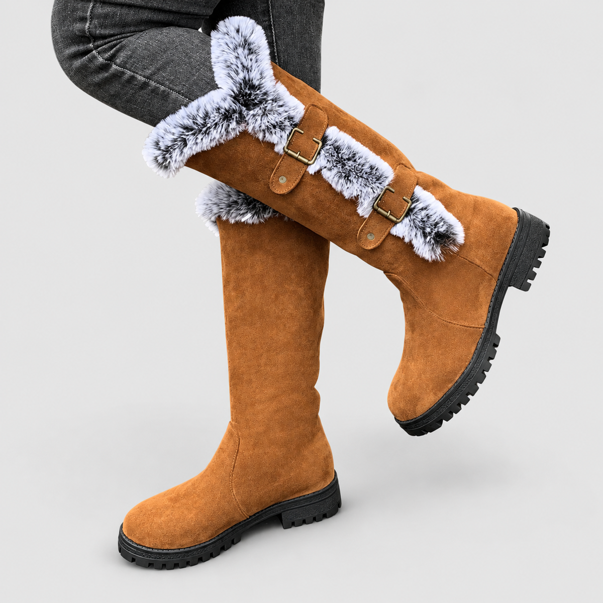 Women's Faux Suede Plush-Lined Buckle Knee-High Boots in Light Brown — view 4