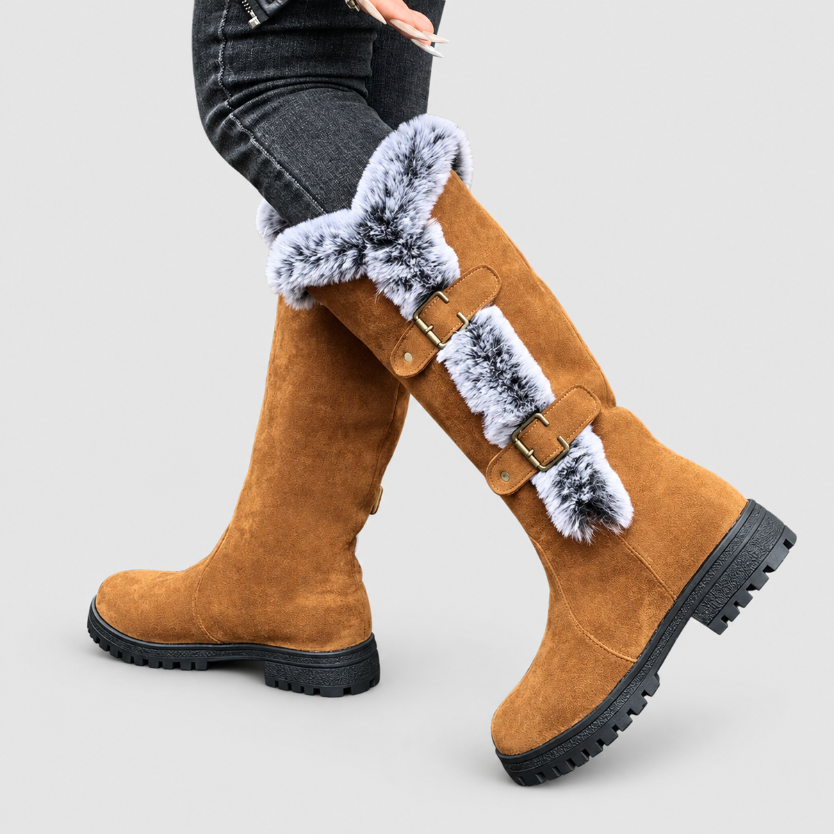 Women's Faux Suede Plush-Lined Buckle Knee-High Boots — view 5