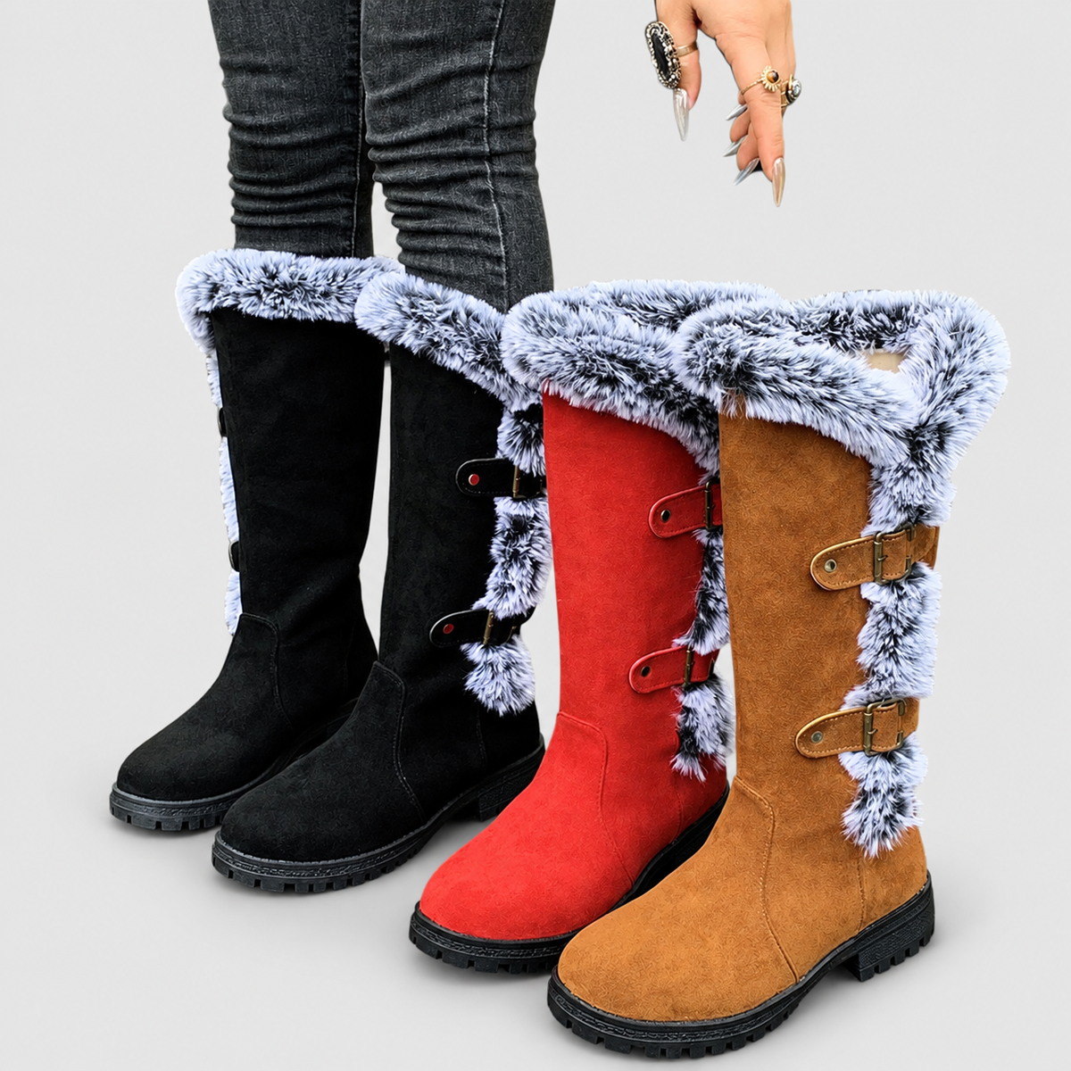 Women's Faux Suede Plush-Lined Buckle Knee-High Boots — view 6
